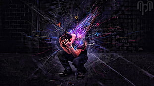 man in black shirt holding his head digital wallpaper